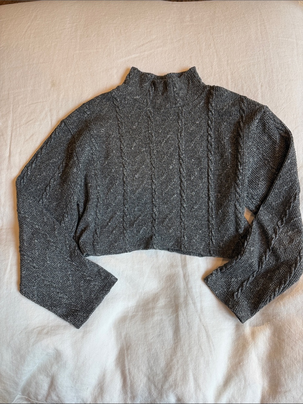 Zara Dark Gray Cropped Cable-Knit Long Sleeve Top